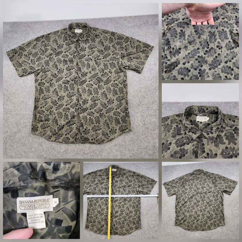 VTG Banana‎ Republic Shirt Mens XL Green Leaf Short Sleeve Button Up Tropical